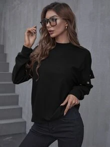 素色落肩T恤 - 黑色 - 查看 3