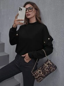 素色落肩T恤 - 黑色 - 查看 4