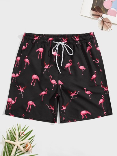 Guys Random Flamingo Print Drawstring Waist Swim Trunks