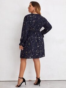 SHEIN Clasi Plus Gold Galaxy Print Flounce Sleeve Dress - Navy Blue - View 2