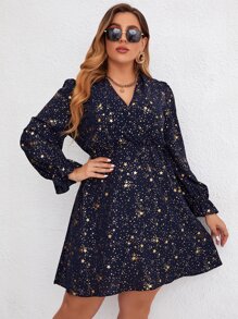 SHEIN Clasi Plus Gold Galaxy Print Flounce Sleeve Dress - Navy Blue - View 6