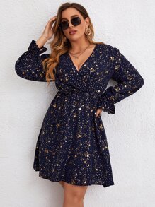 SHEIN Clasi Plus Gold Galaxy Print Flounce Sleeve Dress - Navy Blue - View 8