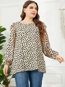 SHEIN Unity Plus Dalmatian Print Lantern Sleeve Ruffle Trim Blouse - Multicolor - View 6