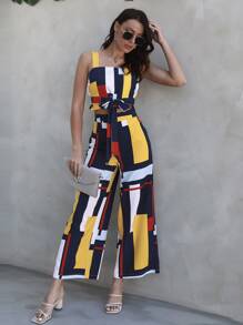 SHEIN LUNE Color Block Knot Front Crop Cami Top & Wide Leg Pants - Multicolor - View 4