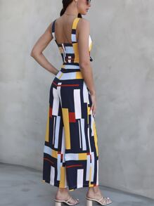 SHEIN LUNE Color Block Knot Front Crop Cami Top & Wide Leg Pants - Multicolor - View 2