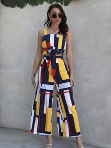 SHEIN LUNE Color Block Knot Front Crop Cami Top & Wide Leg Pants - Multicolor - View 1