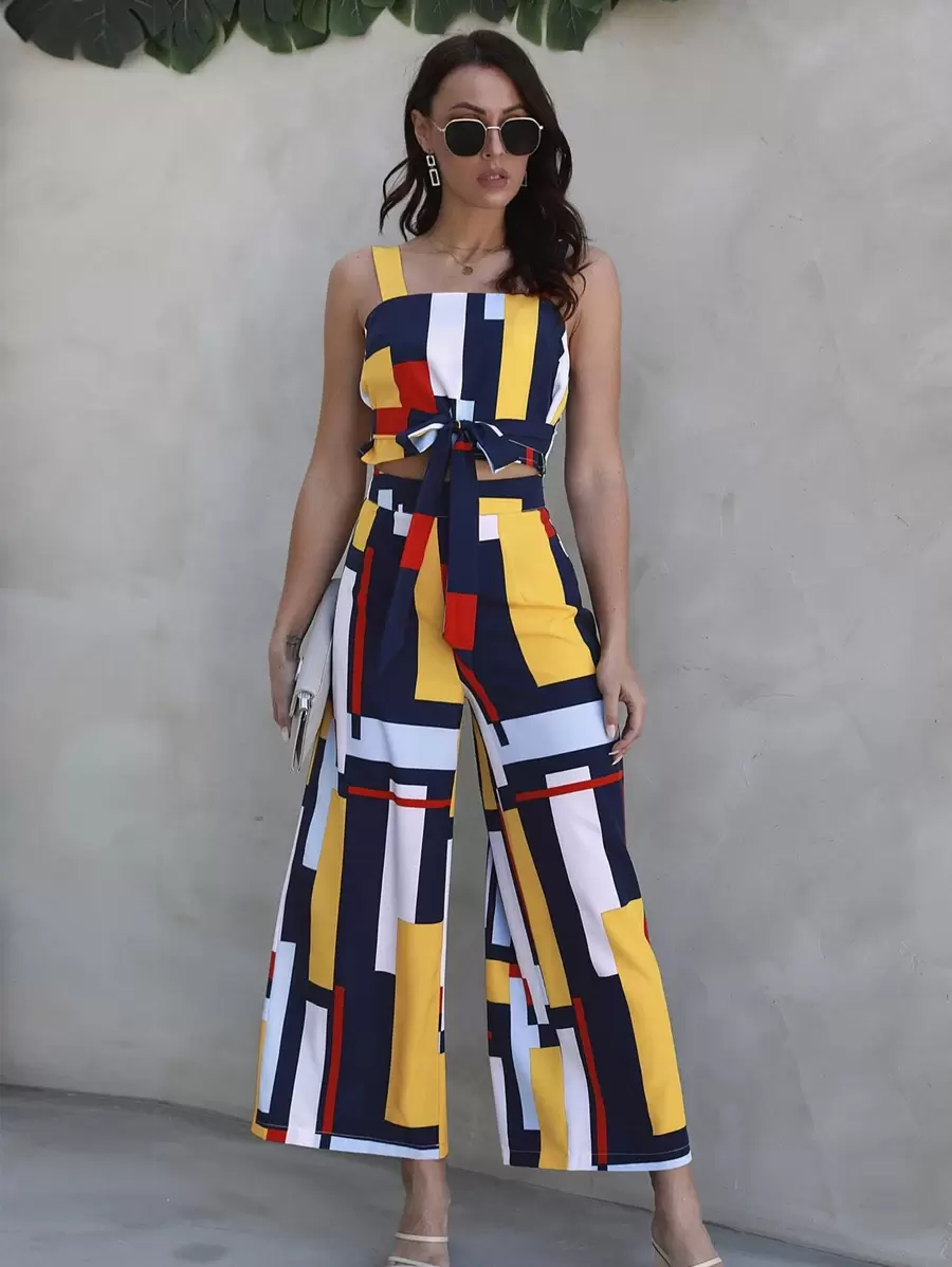 SHEIN LUNE Color Block Knot Front Crop Cami Top & Wide Leg Pants - Multicolor - View 1