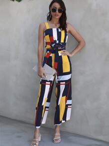 SHEIN LUNE Color Block Knot Front Crop Cami Top & Wide Leg Pants - Multicolor - View 3