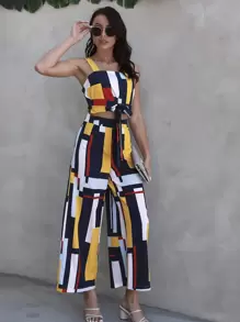 SHEIN LUNE Color Block Knot Front Crop Cami Top & Wide Leg Pants - Multicolor - View 5