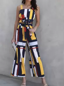 SHEIN LUNE Color Block Knot Front Crop Cami Top & Wide Leg Pants - Multicolor - View 6