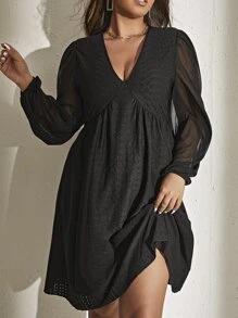 SHEIN Unity Đầm Plus Size Tương phản Mesh màu trơn Giải trí - màu đen - Xem 1