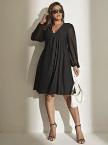 SHEIN Unity Đầm Plus Size Tương phản Mesh màu trơn Giải trí - màu đen - Xem 3
