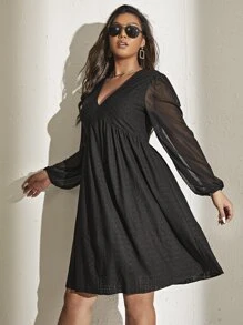 SHEIN Unity Đầm Plus Size Tương phản Mesh màu trơn Giải trí - màu đen - Xem 5