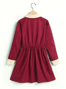 Girls Contrast Panel Puff Sleeve Half Button Shirt Dress - Burgundy - View 2