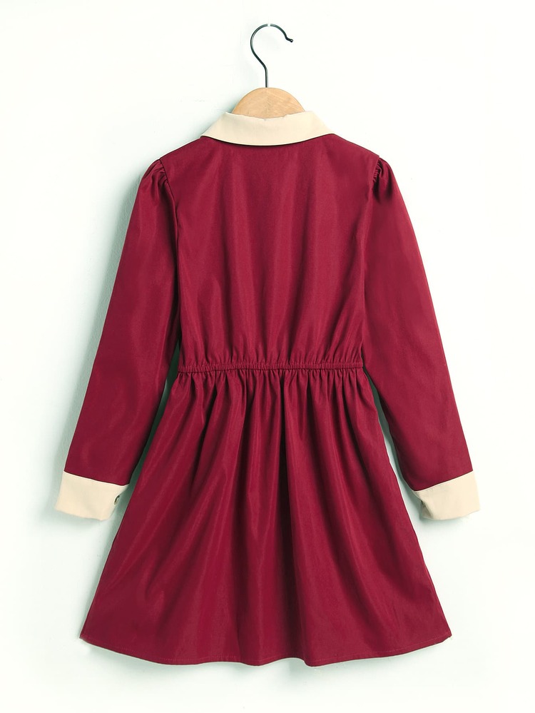 Kontrastkrage Framsida Knappar Slätt Enkel Flickors Klänning - Bourgogne - Visa 2