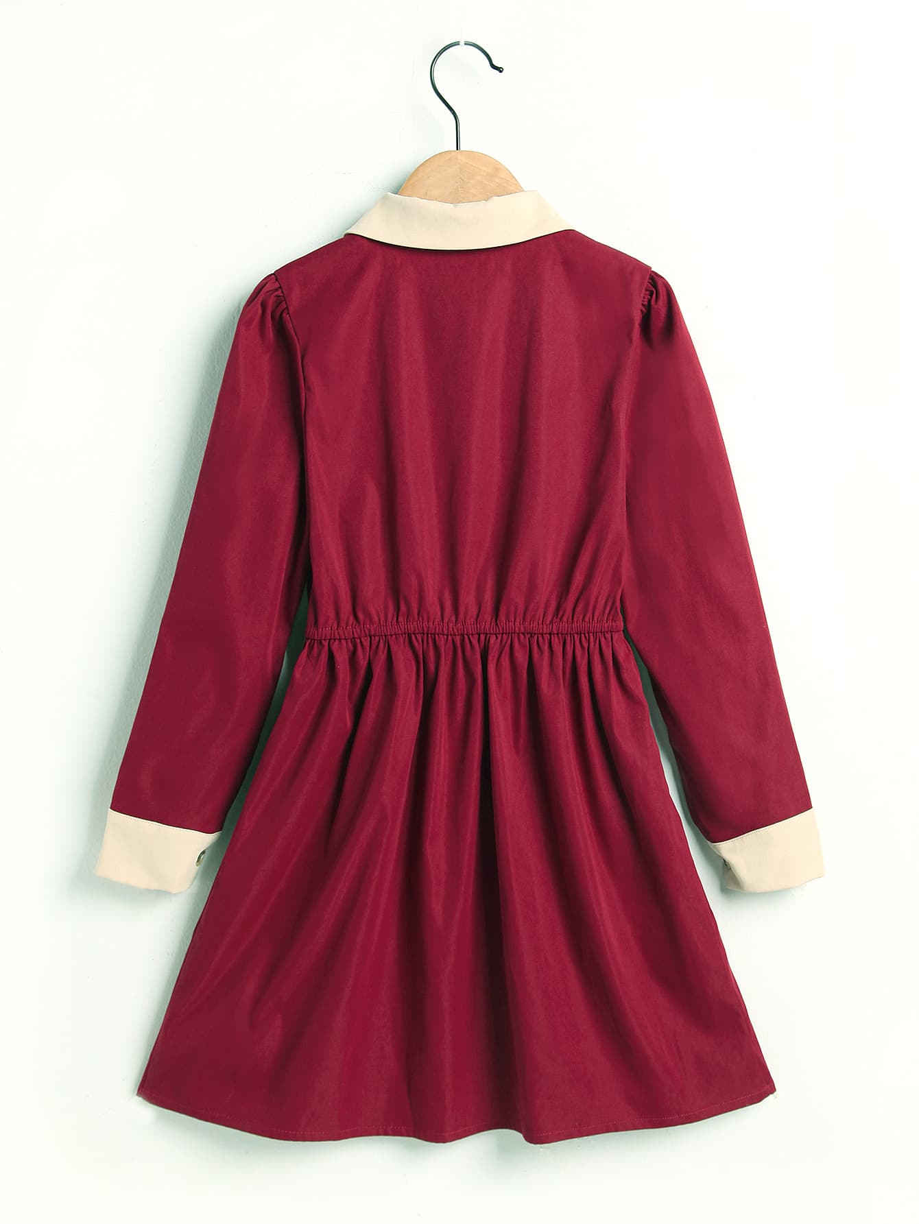 Girls Contrast Panel Puff Sleeve Half Button Shirt Dress
