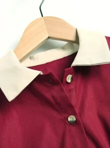Girls Contrast Panel Puff Sleeve Half Button Shirt Dress - Burgundy - View 4