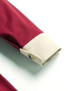 Girls Contrast Panel Puff Sleeve Half Button Shirt Dress - Burgundy - View 5