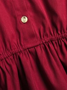 Girls Contrast Panel Puff Sleeve Half Button Shirt Dress - Burgundy - View 6