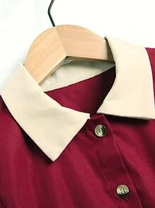 Girls Contrast Panel Puff Sleeve Half Button Shirt Dress - Burgundy - View 7