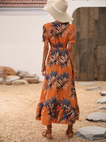 Breezaya 熱帶圖案泡泡袖高衩荷葉邊洋裝 - 橘色 - 查看 2