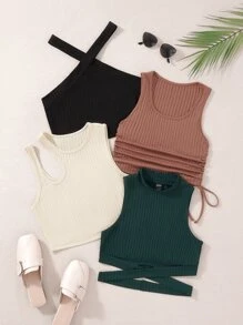 SHEIN Unity 1pc Ribbed Knit Halter Top & 3pcs Tank Top - Multicolor - View 1