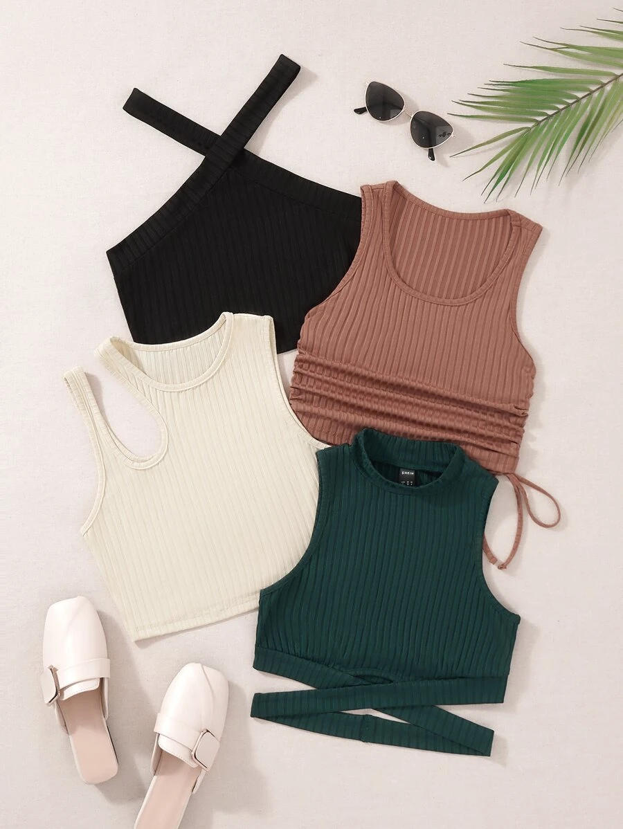 SHEIN Unity 1pc Ribbed Knit Halter Top & 3pcs Tank Top - Multicolor - View 1