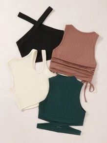 SHEIN Unity 1pc Ribbed Knit Halter Top & 3pcs Tank Top - Multicolor - View 2