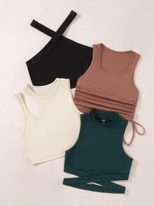 SHEIN Unity 1pc Ribbed Knit Halter Top & 3pcs Tank Top - Multicolor - View 6