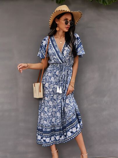 花柄プリント サープリス フロント タッセル シャーリングドレス