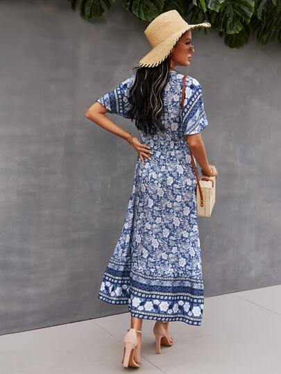 花柄プリント サープリス フロント タッセル シャーリングドレス