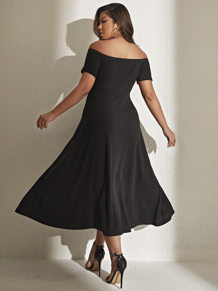 Celure Đầm Plus Size Tách cao màu trơn Giải trí - màu đen - Xem 2