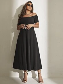 Celure Đầm Plus Size Tách cao màu trơn Giải trí - màu đen - Xem 3