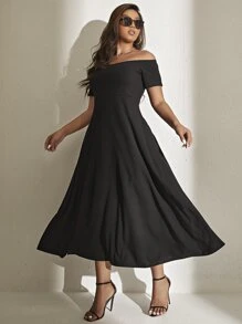 Celure Đầm Plus Size Tách cao màu trơn Giải trí - màu đen - Xem 4