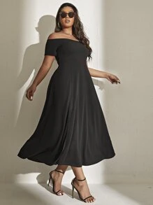 Celure Đầm Plus Size Tách cao màu trơn Giải trí - màu đen - Xem 5