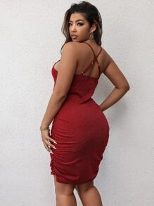 大碼側收褶十字交叉金屬亮絲吊帶緊身連衣裙 - 酒紅色 - 查看 2