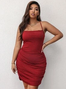 大碼側收褶十字交叉金屬亮絲吊帶緊身連衣裙 - 酒紅色 - 查看 3