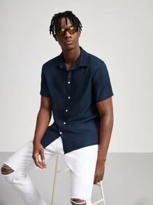 Manfinity 男士紋理質感前紐扣襯衫 - 藏蓝色 - 查看 1