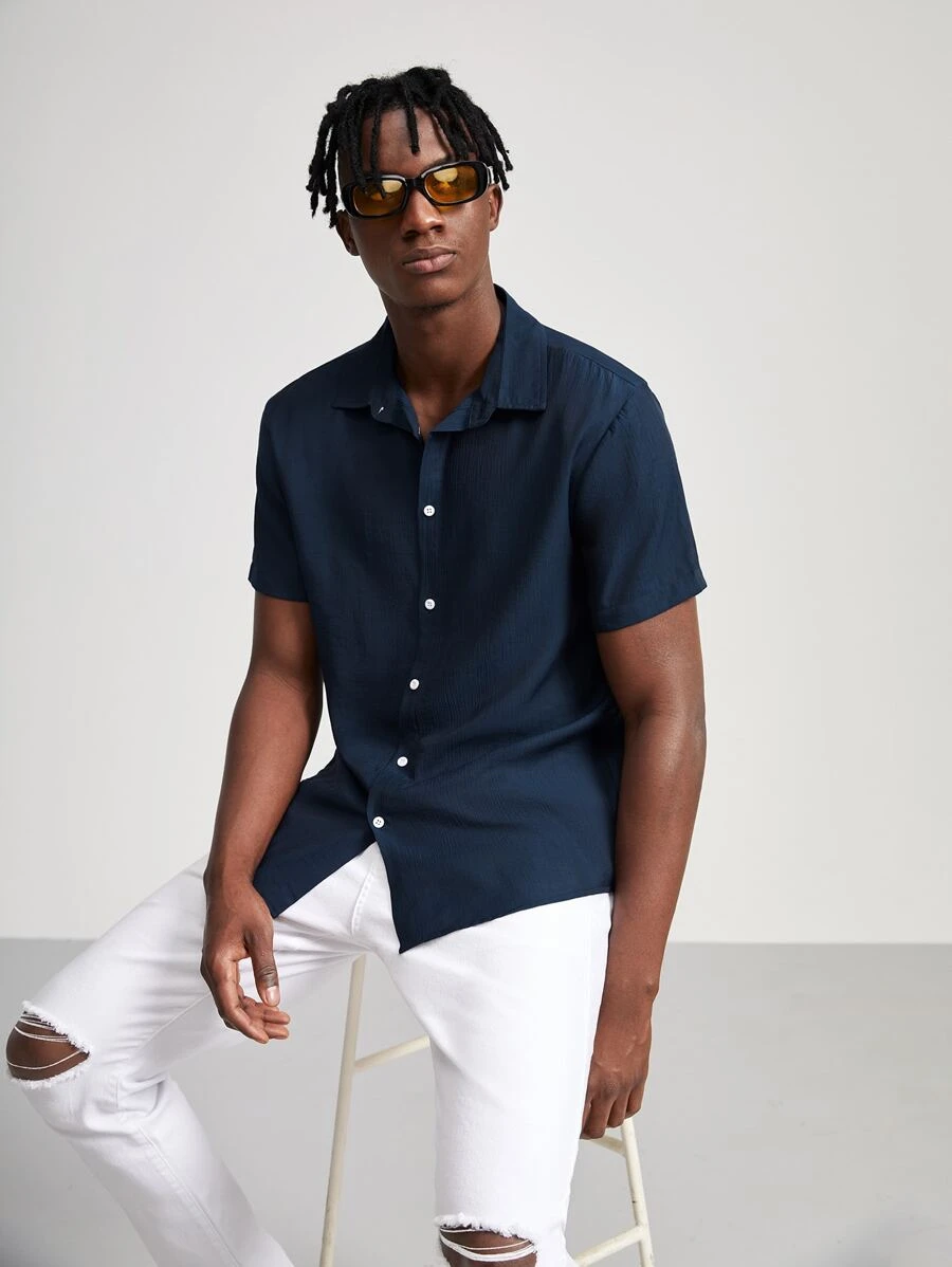 Manfinity 男士紋理質感前紐扣襯衫 - 藏蓝色 - 查看 1