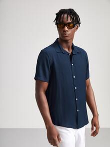 Manfinity 男士紋理質感前紐扣襯衫 - 藏蓝色 - 查看 3