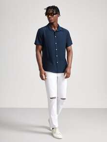 Manfinity 男士紋理質感前紐扣襯衫 - 藏蓝色 - 查看 4