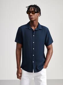 Manfinity 男士紋理質感前紐扣襯衫 - 藏蓝色 - 查看 5