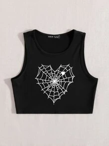 ROMWE PUNK Plus Spiderweb Print Tank Top - Black - View 3