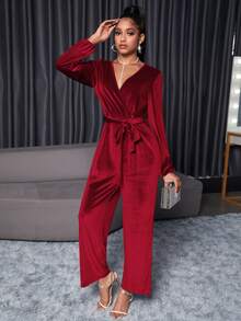 SHEIN SXY Áo liền quần nữ Thắt lưng Trọn gói màu trơn Hấp dẫn - Màu Đỏ Sâu - Xem 3