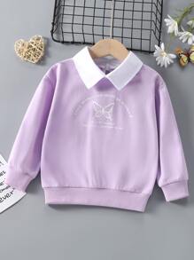 SHEIN Young Girl Slogan & Butterfly Print Contrast Collar Drop Shoulder Sweatshirt - Lilac Purple - View 1