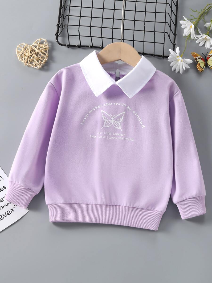 SHEIN Young Girl Slogan & Butterfly Print Contrast Collar Drop Shoulder Sweatshirt - Lilac Purple - View 1
