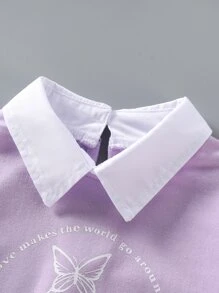 SHEIN Young Girl Slogan & Butterfly Print Contrast Collar Drop Shoulder Sweatshirt - Lilac Purple - View 3