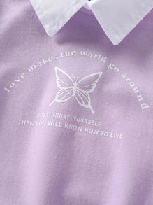 SHEIN Young Girl Slogan & Butterfly Print Contrast Collar Drop Shoulder Sweatshirt - Lilac Purple - View 4