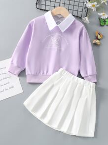 SHEIN Young Girl Slogan & Butterfly Print Contrast Collar Drop Shoulder Sweatshirt - Lilac Purple - View 7