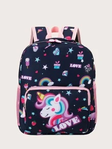女孩獨角獸圖案大容量書包 - 藏蓝色 - 查看 1